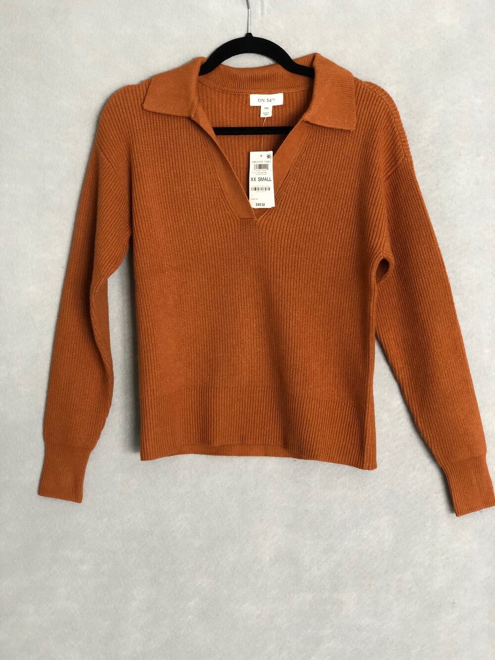 On 34th Knit Sweater V-Neck Ribbed Roasted Pecan Women's Size XXS NEW